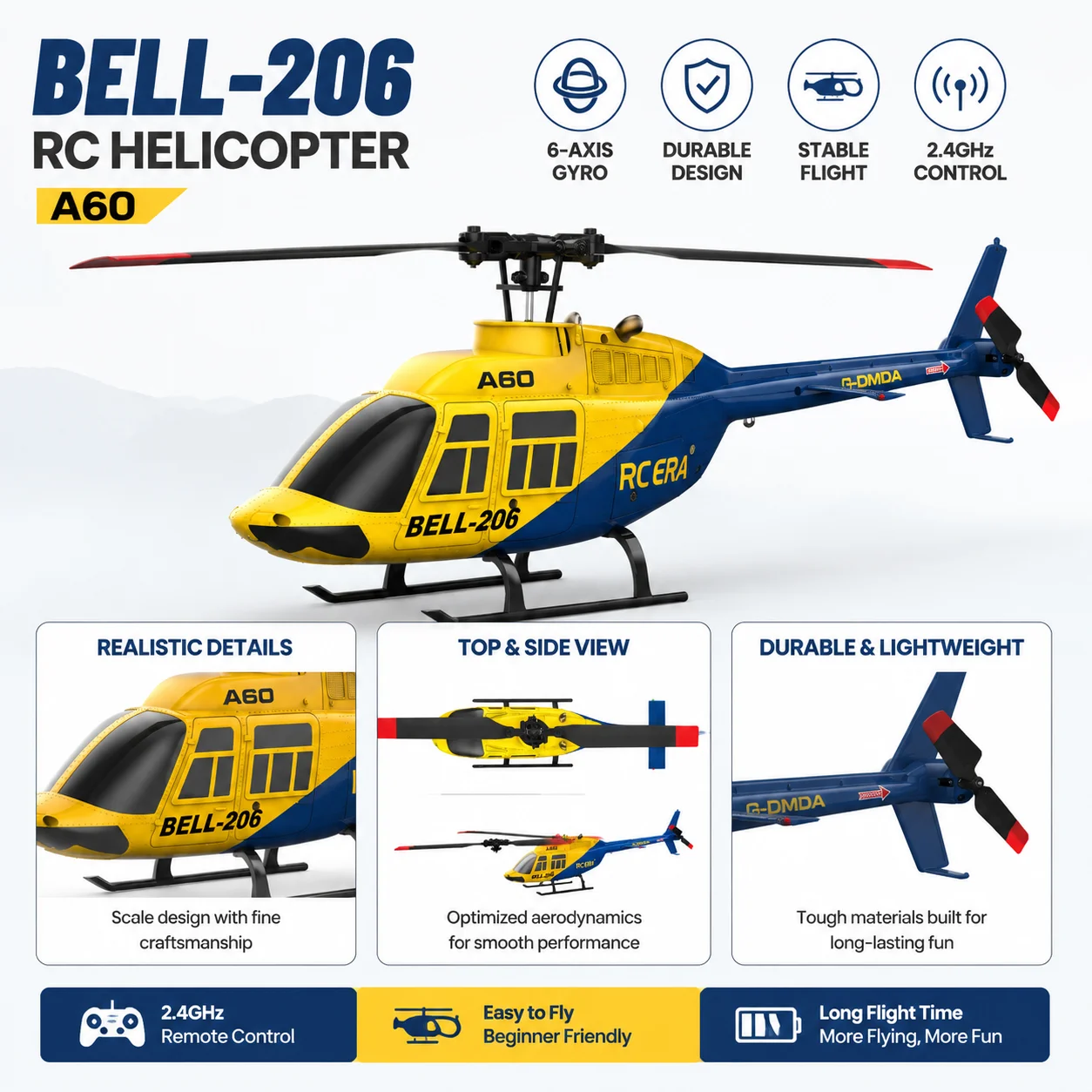 SCY A60 RC 헬리콥터, 1/42 스케일 벨 206 2.4G 4CH 플라이바리스 헬리콥터 (광학 흐름 고도 유지, 6축 자이로, 원키 기능 탑재)