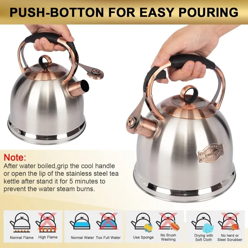 Whistling Stovetop Tea Kettle, Food Grade, Stainless Steel, Hot Water, Fast to Boil for Stove, Top-3.0Q