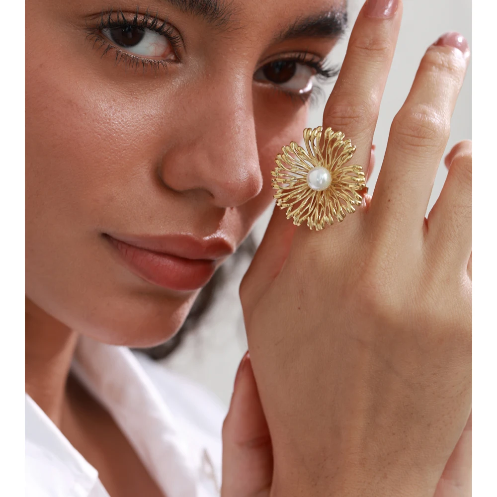Yhpup Adjustable Ring Stainless Steel Pearl Flower