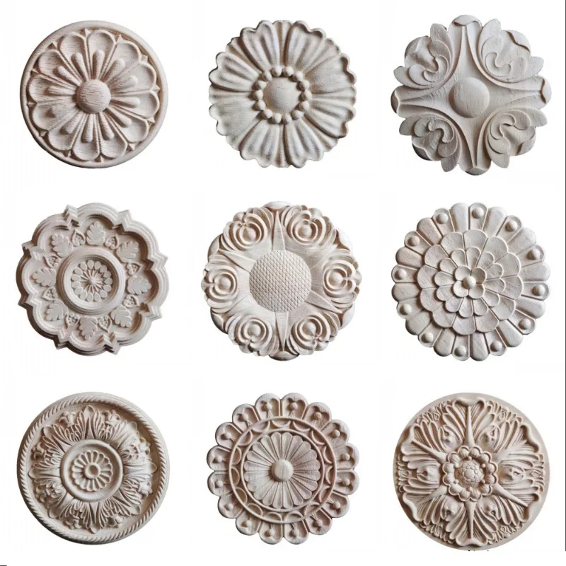 6cm-40cm Round Wood Carving Applique Oak Wood Furniture Decorative Mouldings Decal Cabinet Door Wood Figurine Craft Flower Board