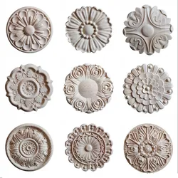 6cm-40cm Round Wood Carving Applique Oak Wood Furniture Decorative Mouldings Decal Cabinet Door Wood Figurine Craft Flower Board