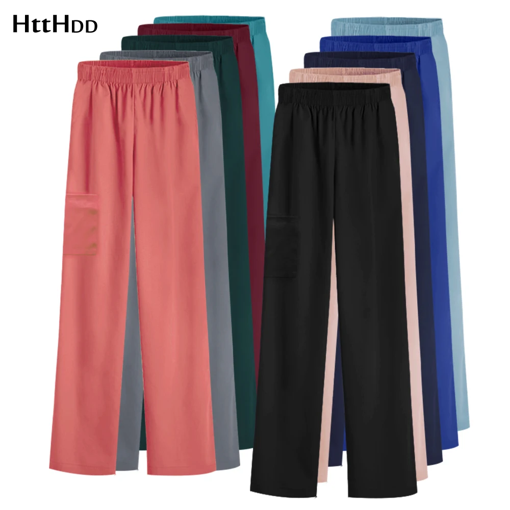 Solid Color Loose Medical Scrubs Work Pants Unisex Multicolor Elastic Waist Veterinary Dental Work Uniform Bottoms medical scrubs jogger pants