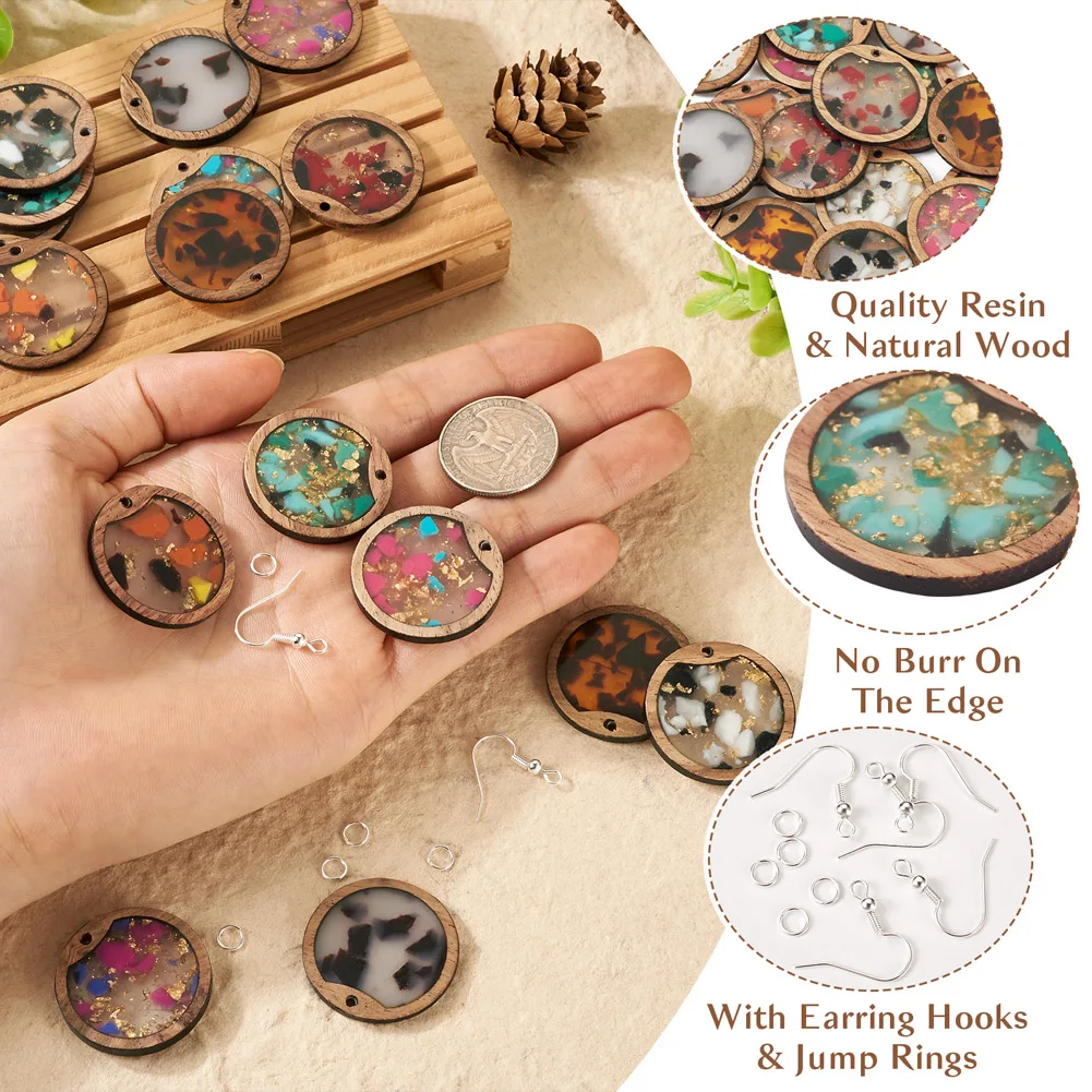 Round Oval Rectangle Colorful Resin Wood Pendant Jump Rings Earring Hooks for DIY Danlge Earring Making Findings