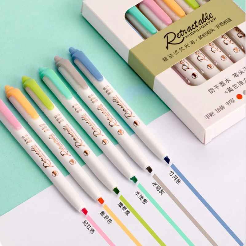 6Pcs/set Retractable Highlighters Refillable Pastel Highlighter Pen Fluorescence Markers for Journaling School Office Supplies highlighter pen marker pen highlighter marker