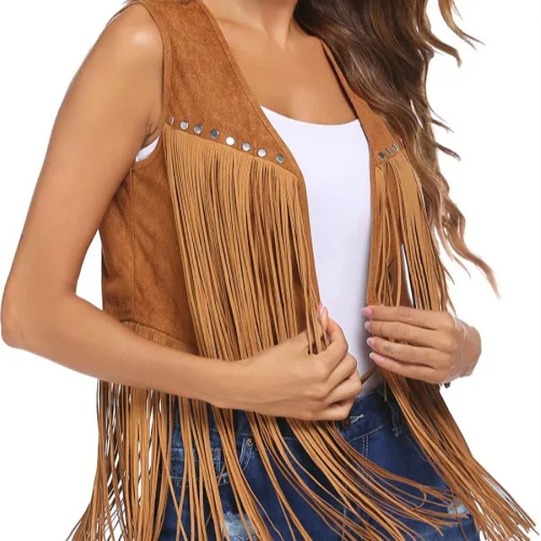 Spring Summer Women Fringe Vest Faux Suede Open Front Vintage Vest