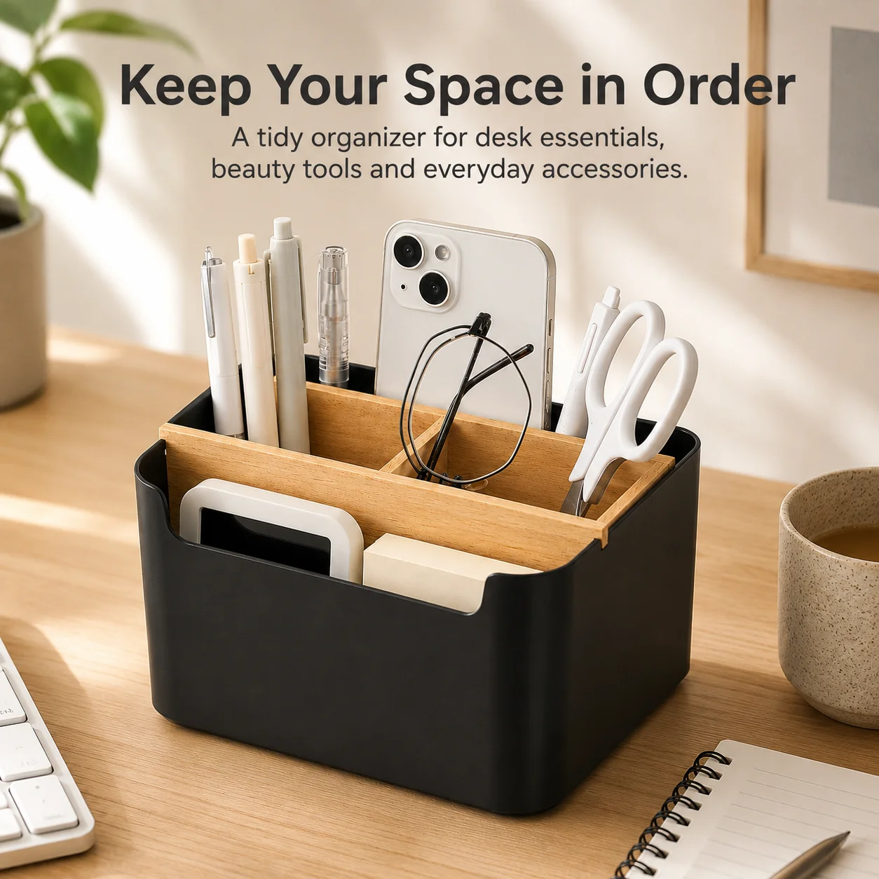 Elegant Wooden Desk Organizer: Pen & Pencil Holder and Multifunctional Storage Box