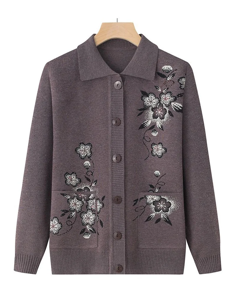 Spring Autumn Long-Sleeve Sweater Women Cardigan Coat New Print Middle-Aged Elderly Knitted Bottoming Shirt Female Tops Jacket