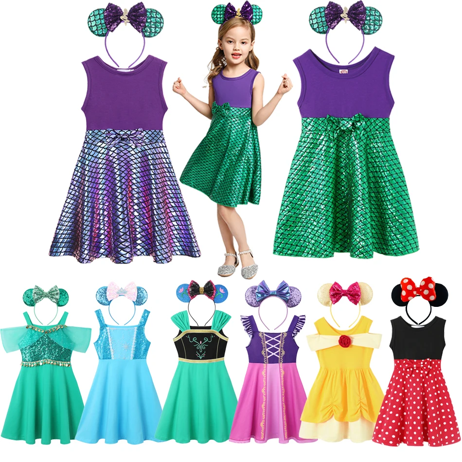 

Toddler Girl Mermaid Princess Dress Baby Elsa Anna Belle Rapunzel Costume Kids Summer Sleeveless Dresses Birthday Party Clothes