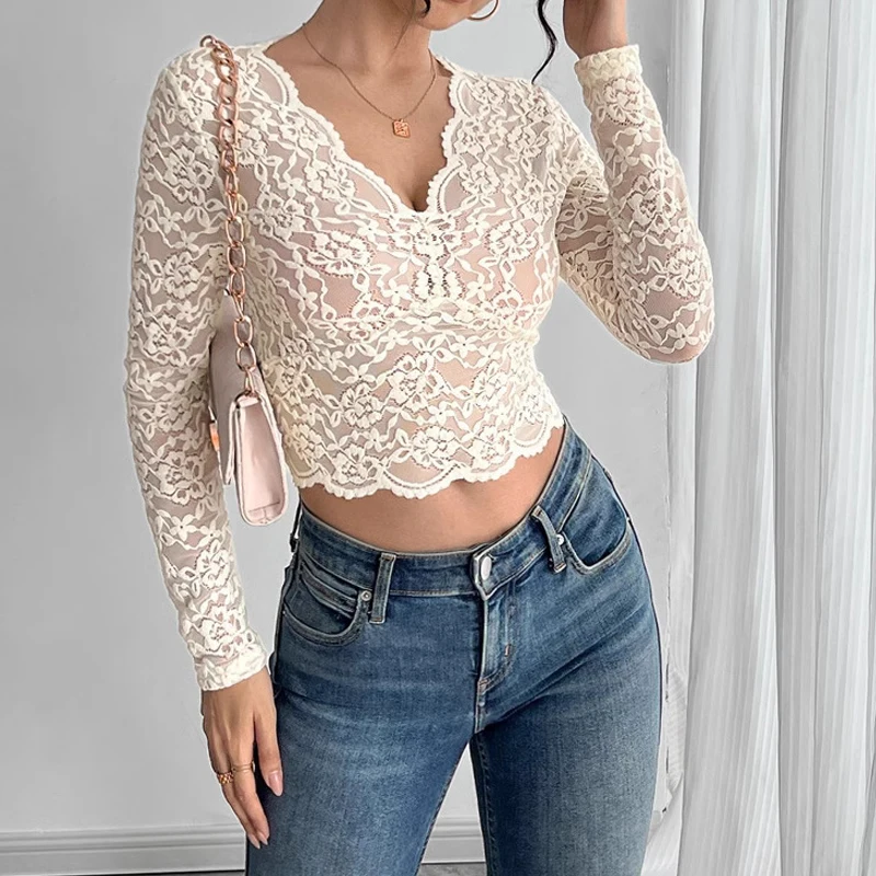 Fashion New Women's V-neck Lace Mesh Semi-transparent Shirt Elegant Women's Embroidery Sexy Solid Color Blouse Causal Top