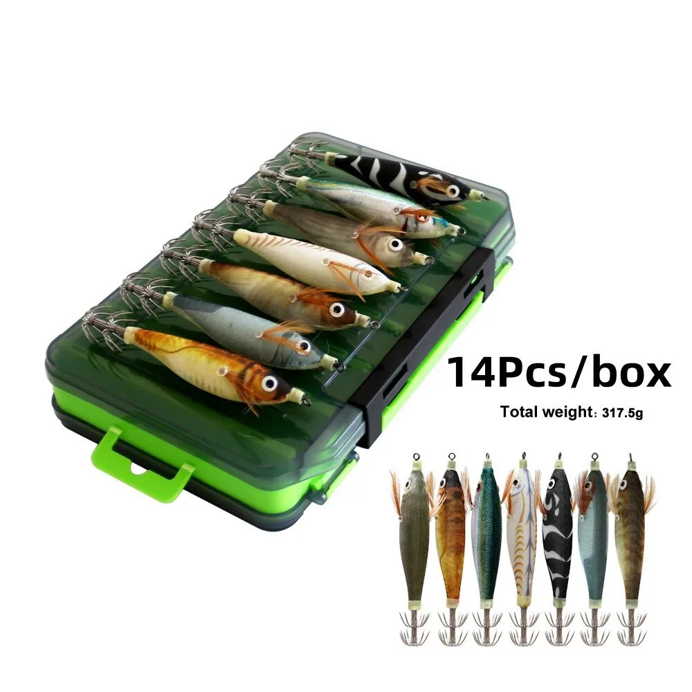 

14pcs Luminous Horizontal Squid Jig Wood Shrimp Squid Hook Artificial Bait Octopus Cuttlefish Shrimp Saltwater Hard Bait Tackle