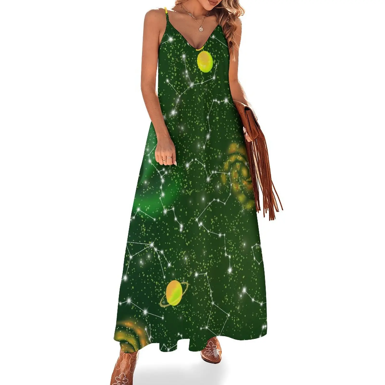 

Summer Dresses for Women 2023 Loose Fit High Waist V-Neck Vestidos Cami Strap Nebula Constellation Print Casual Women Maxi Dress