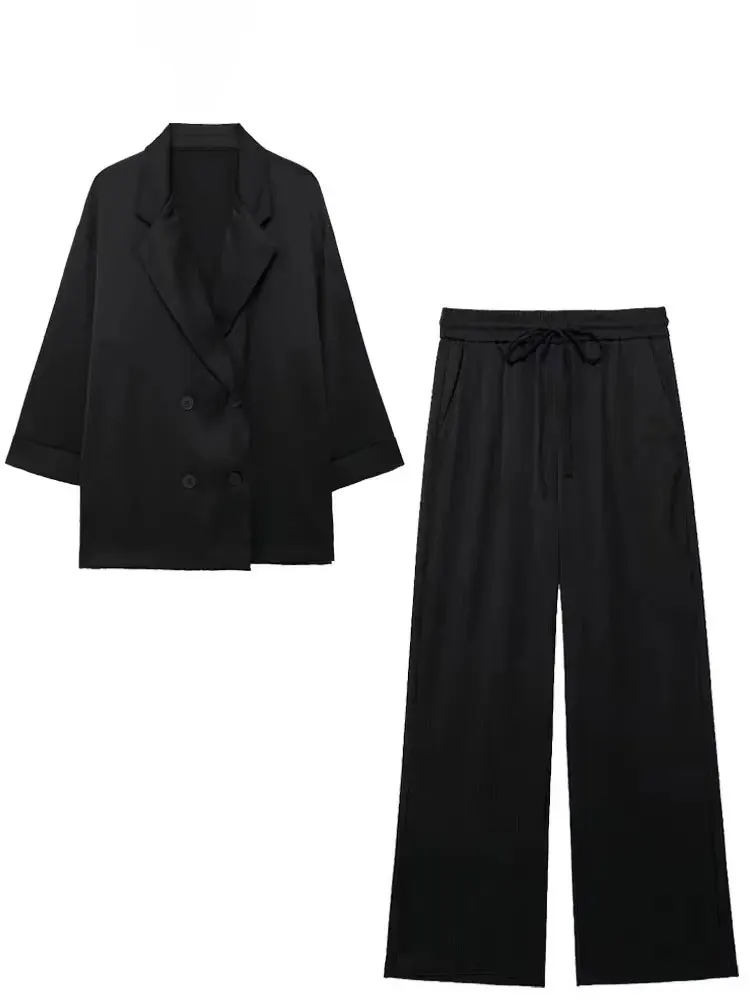 HH Women Fashion Wrinkle Effect Blazer Pant Set Long Sleeve Double Breasted Coat Wide Leg Trousers Solid Office Lady Suit