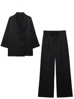 HH Women Elegant Solid Wrinkle Effect Blazer Pant Suit Double Breasted Long Sleeve Jacket Straight Trousers Streetwear - Image 3