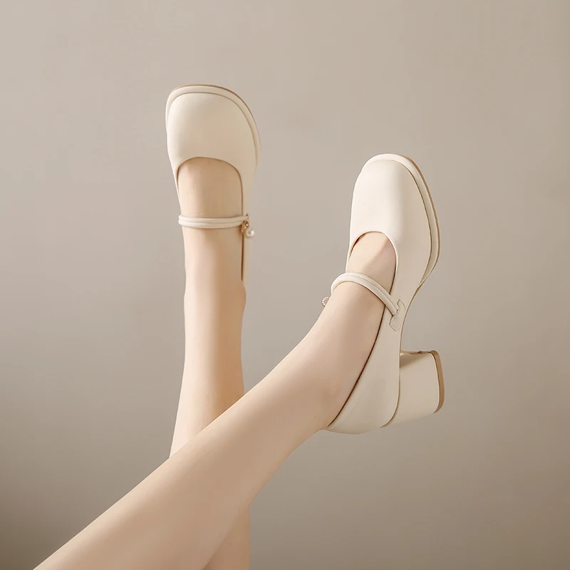 2024 NEW Oxford Shoes for Women Sweet Lolita Shoes Woman Slip on Square High Heels Solid Round Toe Pearl Pumps Size 34-40