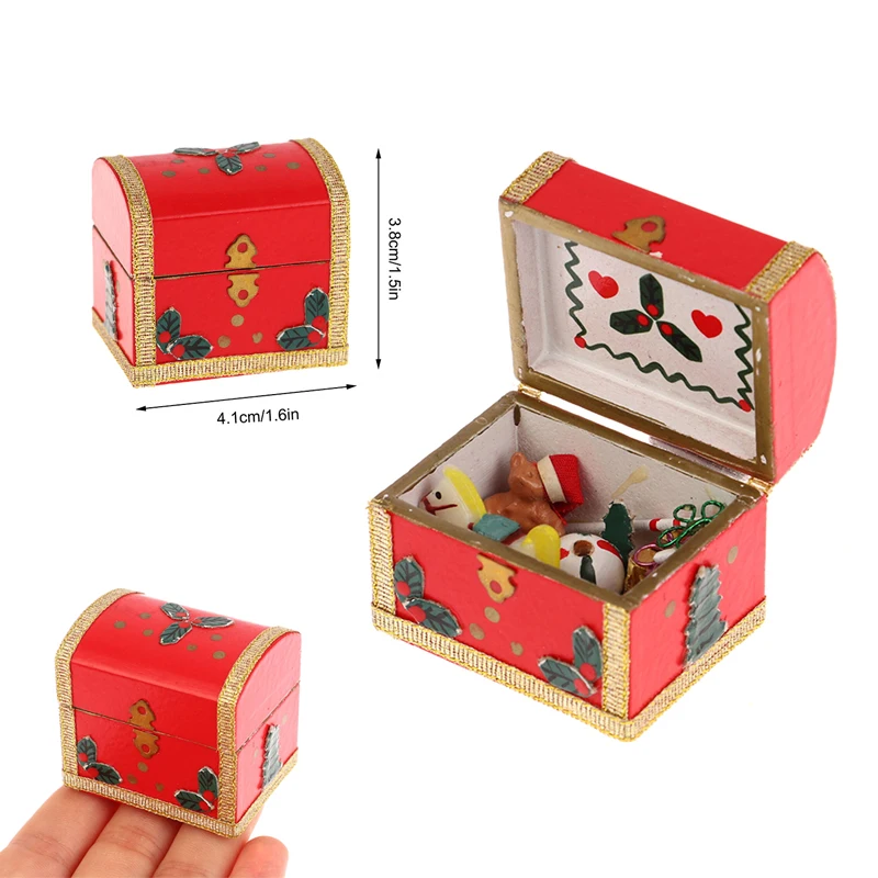 1Set 1:12 Dollhouse Miniature Toy Chest Christmas Box Mini Bear Walking Stick Rocking Horse Bell Model Doll House Accessories