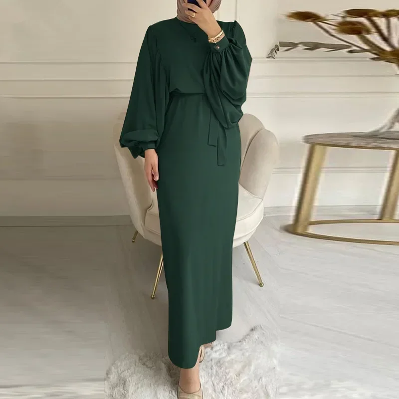 

Long Sleeved Solid Color Sundress Abayas for Women Elegant Simple Lace-up Muslim Dress Fashion Long Dress Muslim Abayas Robes