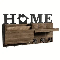 Decorative Wooden Wall Key and Mail Holder with Shelf & Large Hooks for Bags, Coats, and Umbrellas (Style A)
