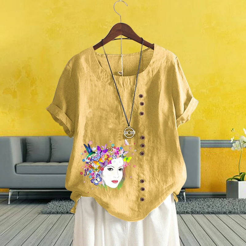 

Винтажные женские свободные футболки, свободные льняные топы с принтом красивой девушки, модная блузка с круглым вырезом и коротким рукавом, графическая блузка