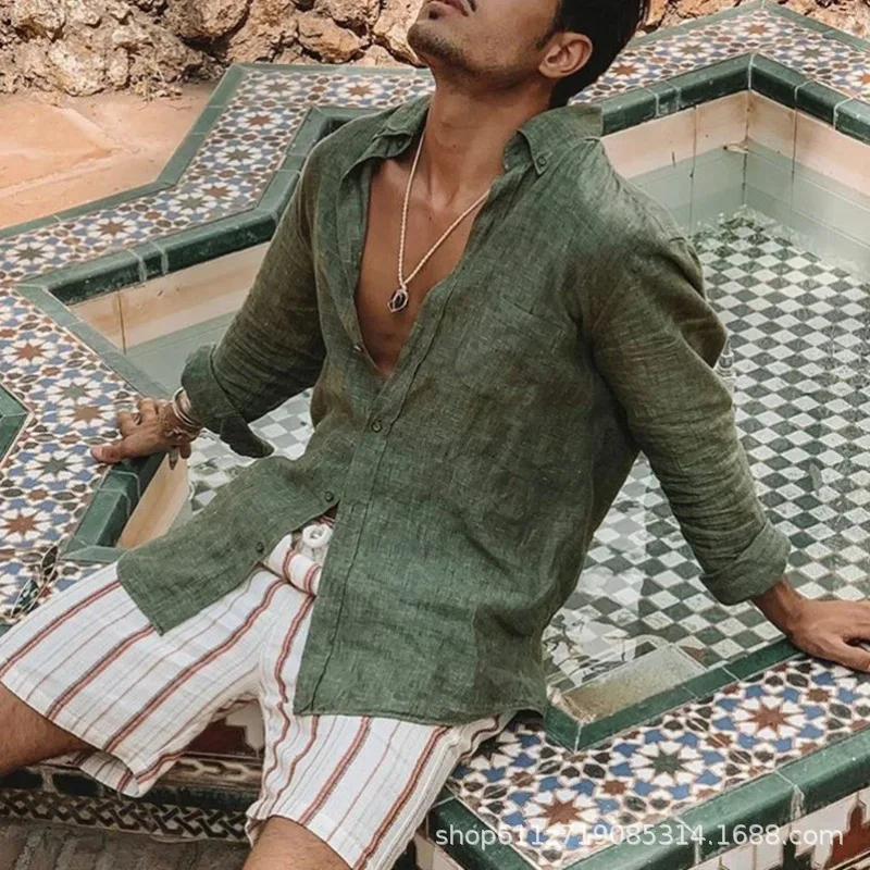 

Autumn New Men's Solid Color Cotton Hemp Loose Casual Lapel Long Sleeve Cardigan Beach Lining