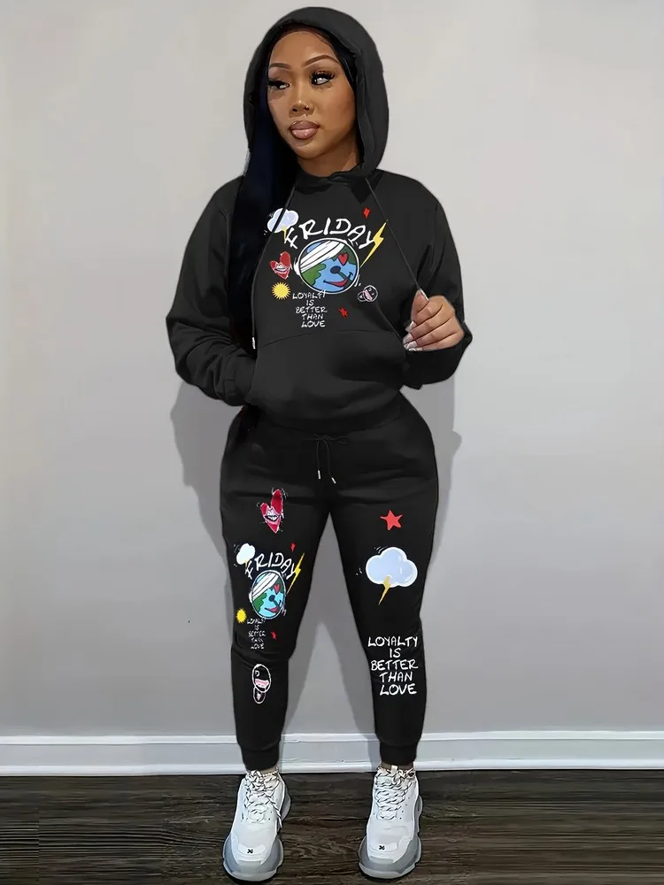 

Cute Printed Casual 2 Piece Outfits For Women Loose Fit Pocket Hoodies Top + Elastic Waist Pencil Pants Matching Sets Activewear