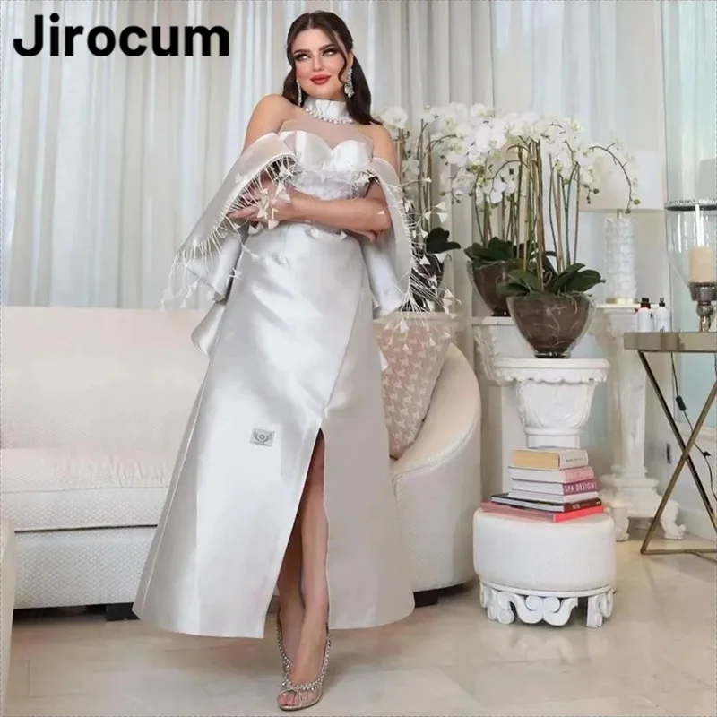 

Jirocum Elegant A Line Prom Gowns Women's High Neck Feather Party Evening Gown Slit Ankle Length Formal Occasion Dress 2024 New