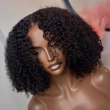 Kinky Curly Short Bob Blunt Cut 13X4 HD Lace Front Wigs Synthetic Wig Women Prepluck With Baby Hair Bleached Knots Glueless Wig