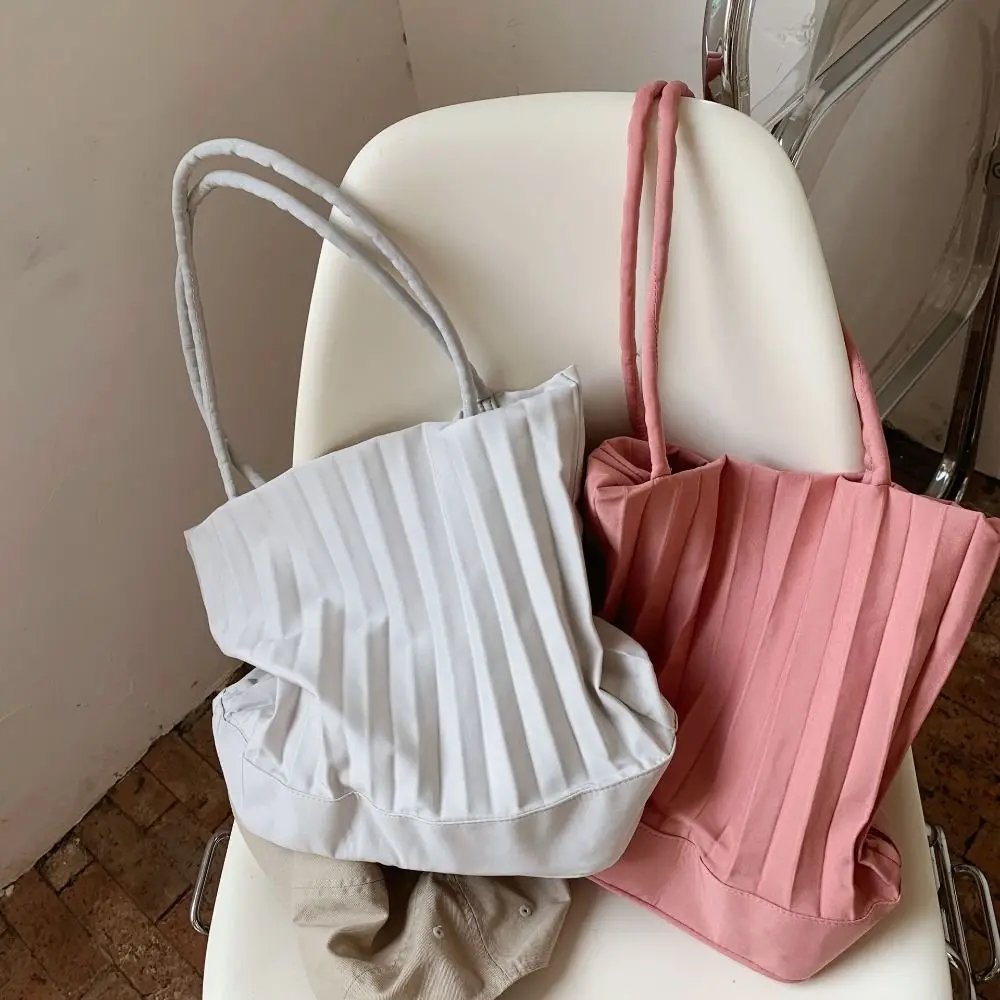 Korean Style Pleated Bucket Bag Fashionable Niche Design Silk Tote Bag Solid Color Office Worker