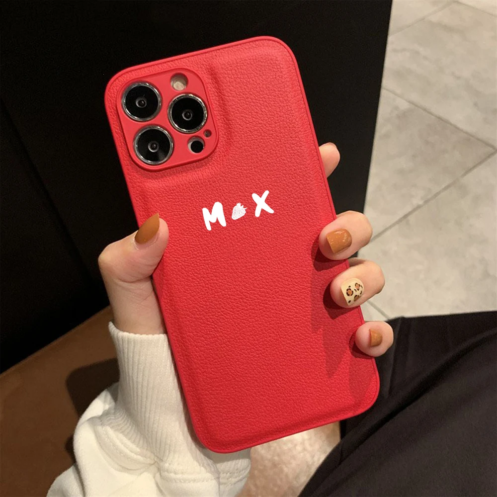 

Personalised Name Leather Soft Phone Case For iPhone 14 13 12 11 Pro Max X XS XR 7 8 Plus Luxury Strawberry Cover for iPhone 14
