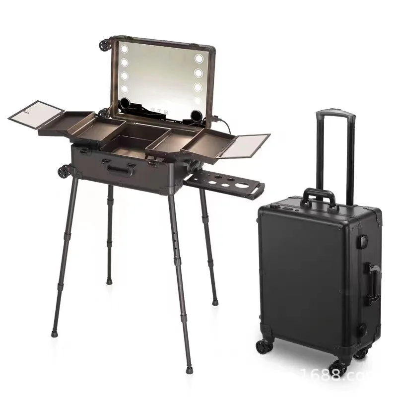 Vanity Case Dresser with 4 Casters, Lighting and Mirror Professional Dresser Pull-out Shelf, Adjustable Legs