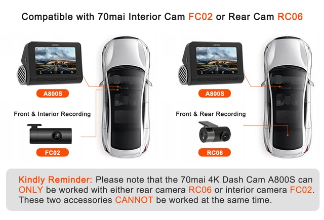 70mai True 4K Dash Cam A800S with Sony IMX415, Front and Rear, Built in  GPS, Super Night Vision, 3'' IPS LCD, Parking Mode, ADAS, Loop Recording