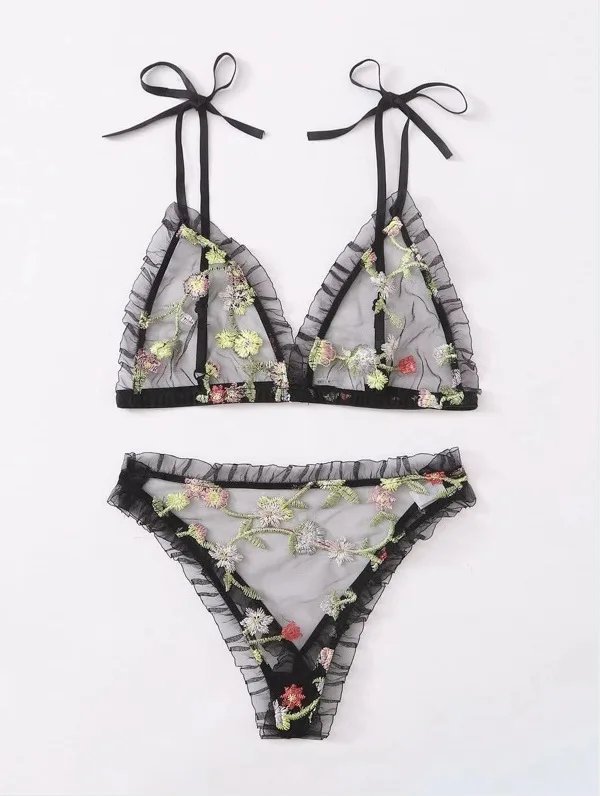 Sexy Lingerie Women Bra Set Intimate Transparent Bralette+Open Crotch Thong Embroidered Underwear Set Sexy Mesh Erotic