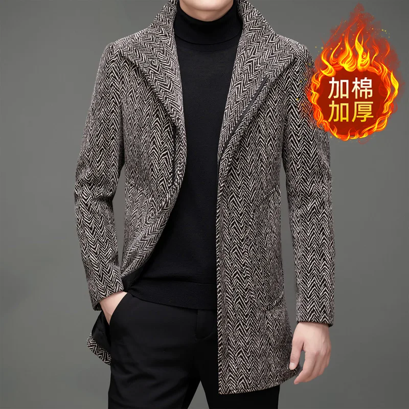 

2023 Men's Casual Slim Fashion Trend Korean Version of The Mid-length Plus Cotton Thickened Gentleman English Style Tweed Coat