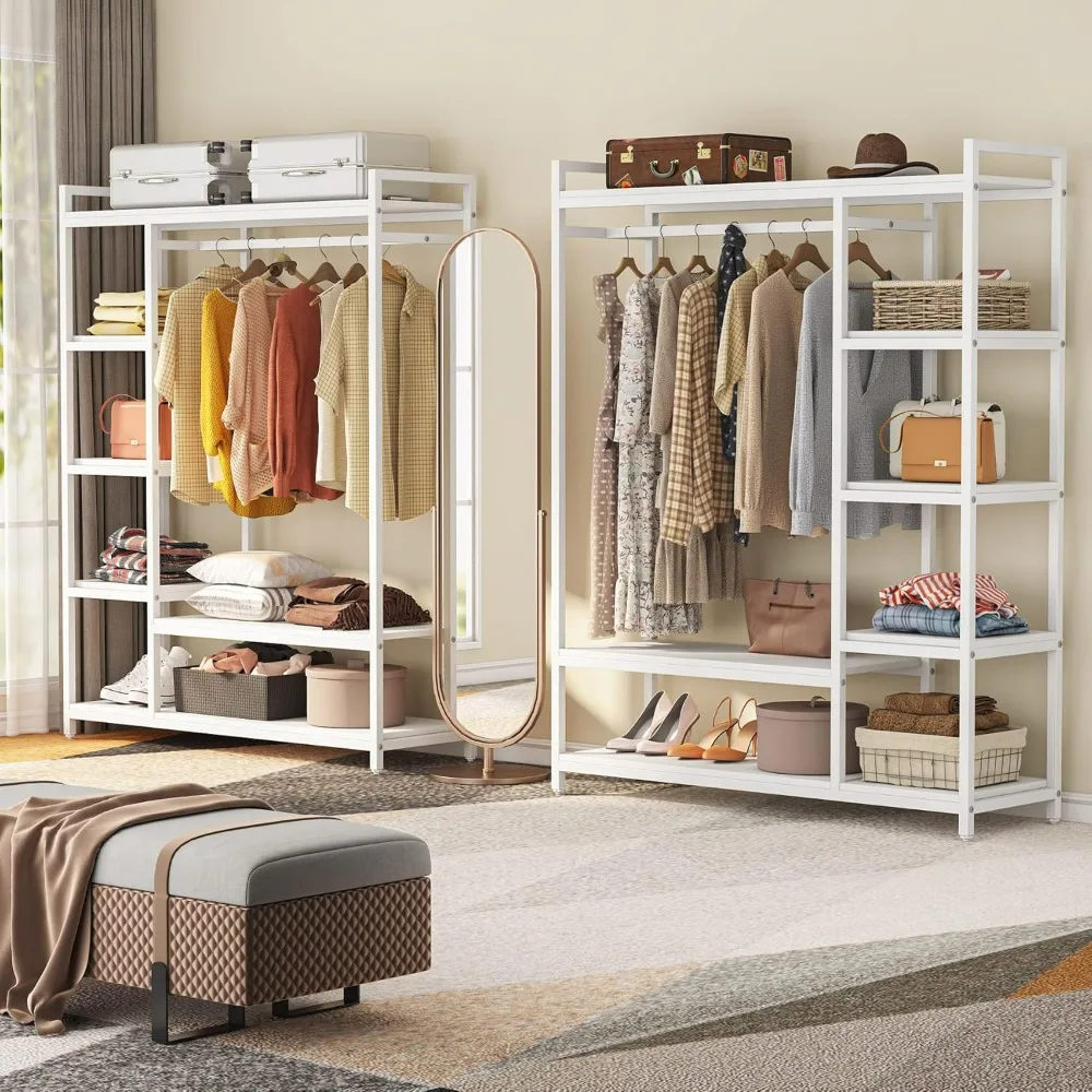 Sturdy Wooden Freestanding Clothes Closet with Shelves and Hanging Bars