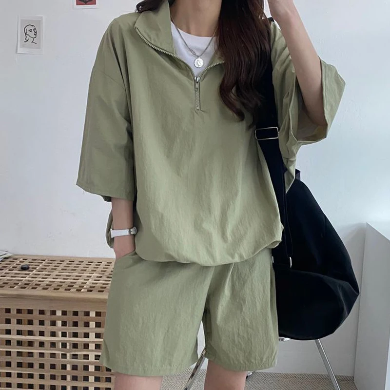 Solid Women\'s Sports Suit Turn-Down Collar Half Sleeve Tops And High Waist Shorts Two Piece Set New Female Summer Outfit