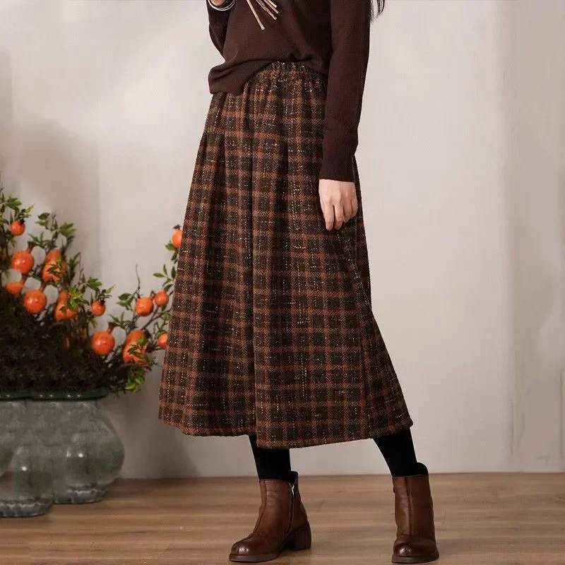 

Autumn Winter Thicken Warm Woolen Skirts Women Vintage Streetwear Plaid Long Skirt Woman Casual Loose High Waisted Skirts