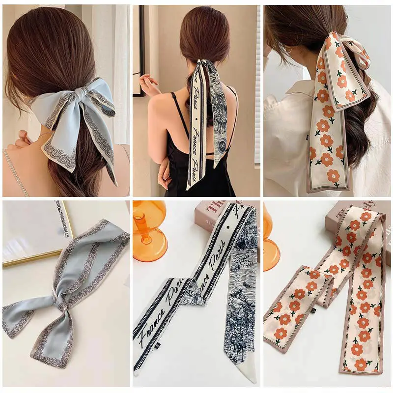 French Braided Hair Ribbon Tied Ponytail Plus Long Silk Scarf Hair Band Female Tied Hair Scarf New Ribbon Head Rope Headdress big hair clips Hair Accessories