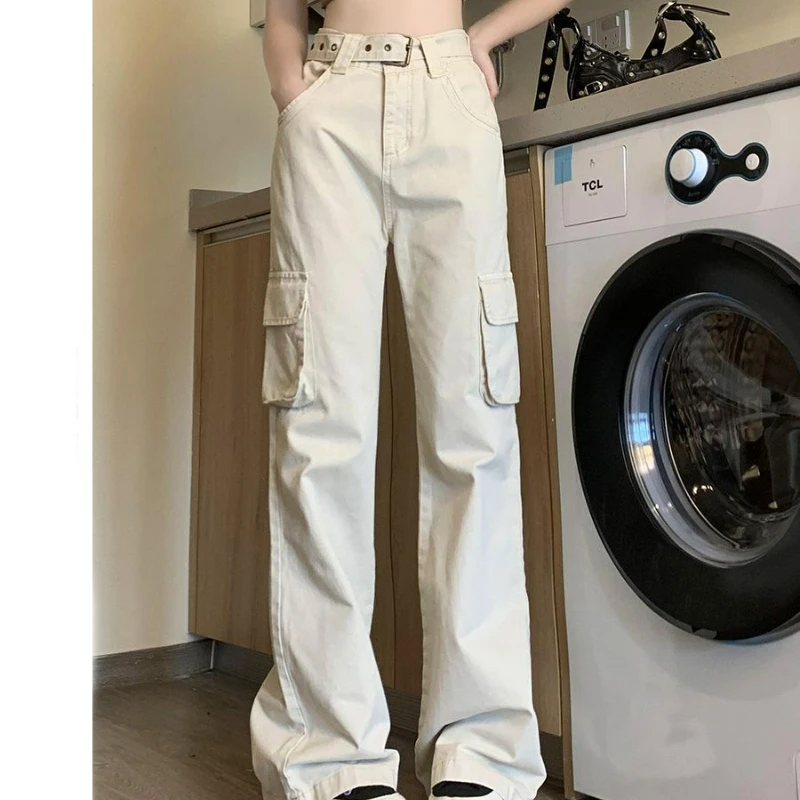 Large Size Apricot Colored Micro Flared Denim Workwear Pants for Women in Autumn American Multi Pocket Loose Casual Pants