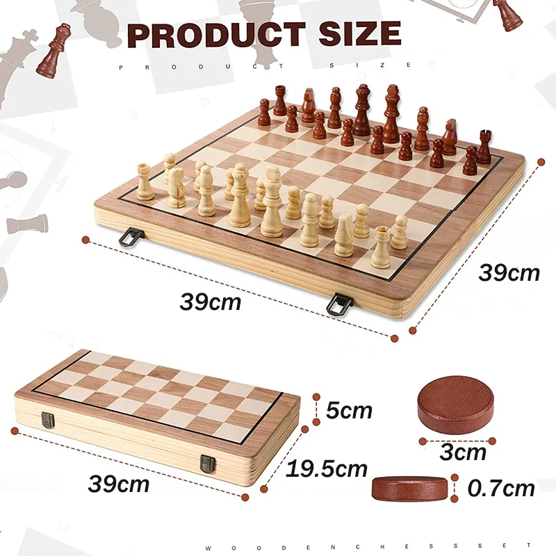 39cm Wooden Chess Checkers Set 2 In 1 Foldable Interior Storage Space Chessboard Extra Queens Home Travel Games Perfect Gifts