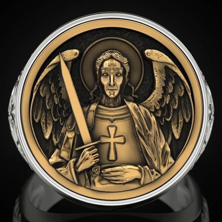 24g ARCHANGEL MICHAEL Religious Art Relief Gold Rings  Customized 925 Solid Sterling Silver Rings