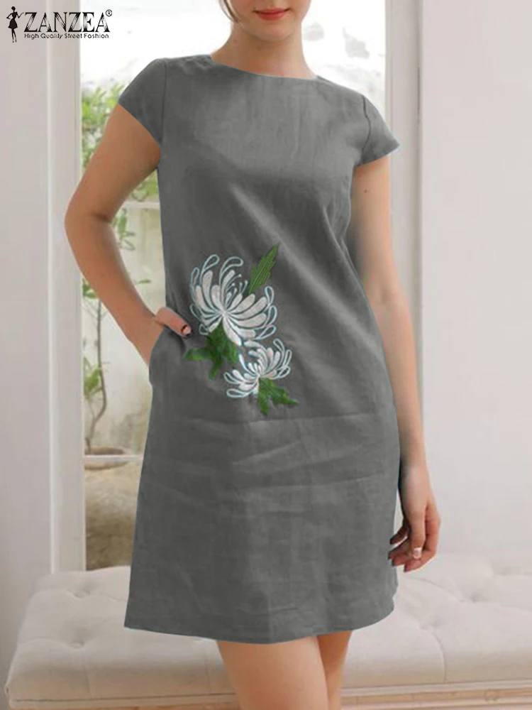 

Vintage Summer Flroal Embroidery Knee-length Dress ZANZEA Elegant Women Short Sleeve Sundress Casual O Neck Party Work Vestido