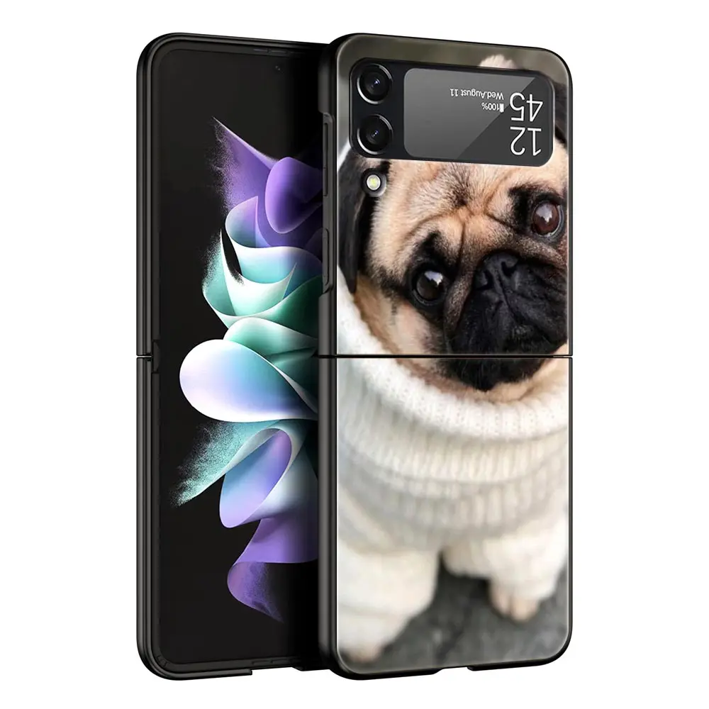 Folding Black Shell Phone Case with Cute Pug Design - PC Hard Cover