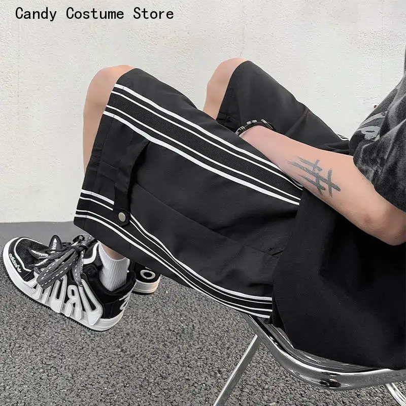 High Street Handsome Trouser Summer Shorts Men Casual Side Striped All-match Sporty Japanese Style Knee length Teenager Fashion