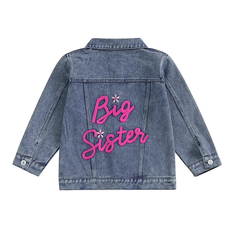 S09300a694b8c40b3a189fc7c5035a4cd9.jpg Pudcoco Baby Girl Denim Jacket Big Sis Embroidery Lightweight Long Sleeve Button Cardigan Coat Infant Spring Fall Outwear 1-5T - Image 1