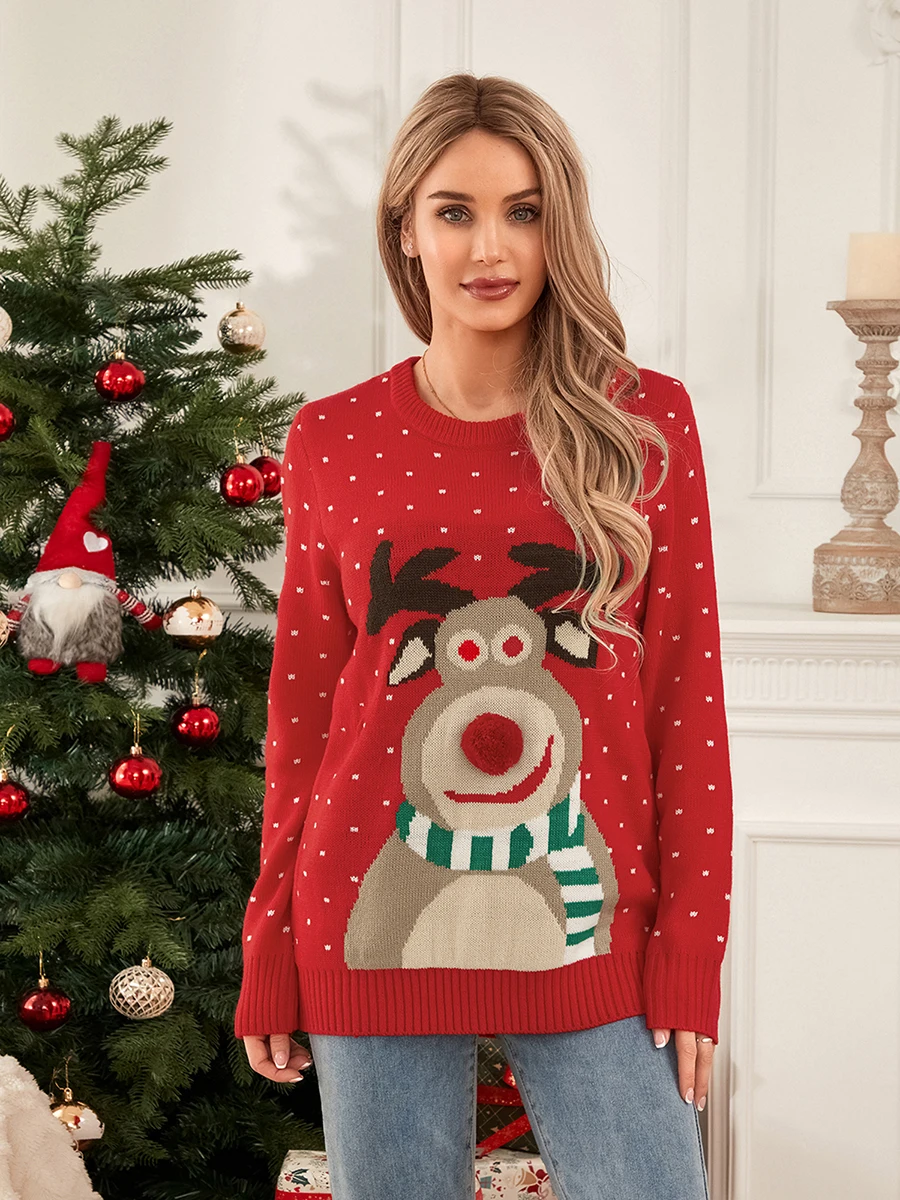 

New Fashion Women Christmas Sweater Long Sleeve Crew Neck Cartoon Elk Pullover Sweater Winter Sweater Hot Sale S-XL