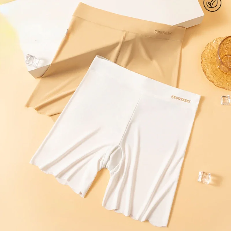 M~4XL Women's Safety Pants Thin Nude Breathable Non-curling Boxer Brief Ice Silk Seamless Shorts High Waist Solid Short Pants safety shorts high waist shorts safety pants