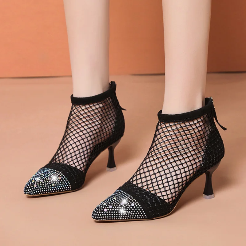 

Sexy Mesh High Heels - Women's Shiny Crystal Pumps with Pointed Toe, Bling Rhinestones, Thin Heels for Party