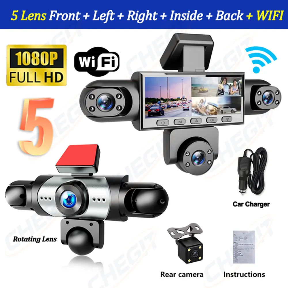 New 5Channel 360 Degree Car Dvr 1080P Video Recorder WiFi APP Dashcam 24h