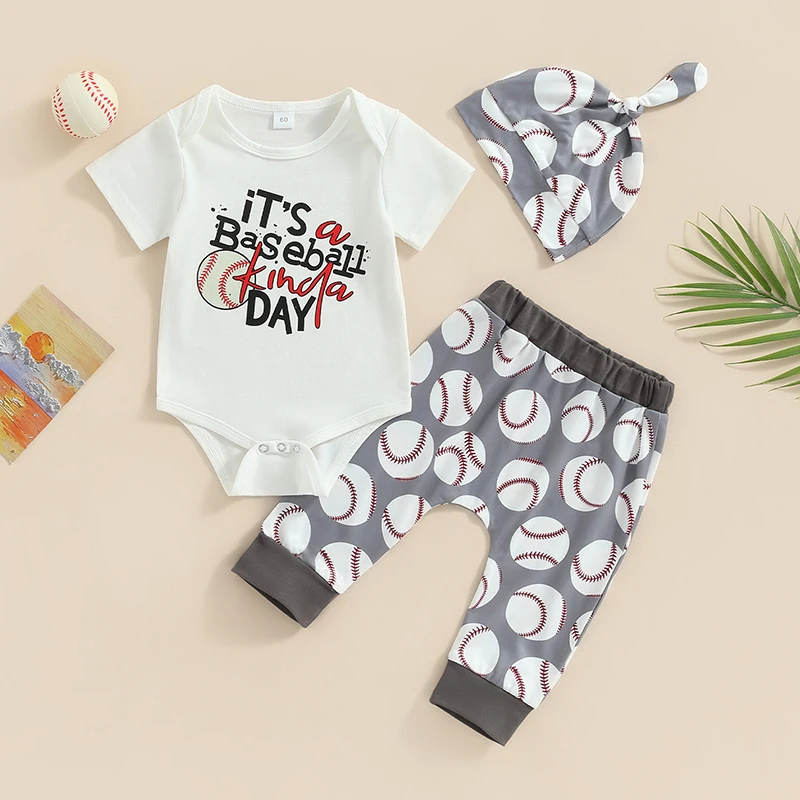 

3 Pcs Newborn Baby Boy Pants Outfits Baseball Print Short Sleeve Romper Jogger Pants With Hat Summer Clothes Set