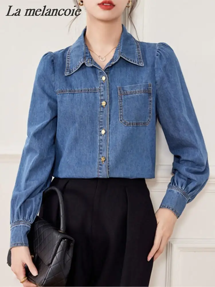 

Denim Shirt For Women 2024 Spring New Fashion Vintage Turn Down Collar Puff Sleeve Tops Chic Casual Button Up Pockets Blouse
