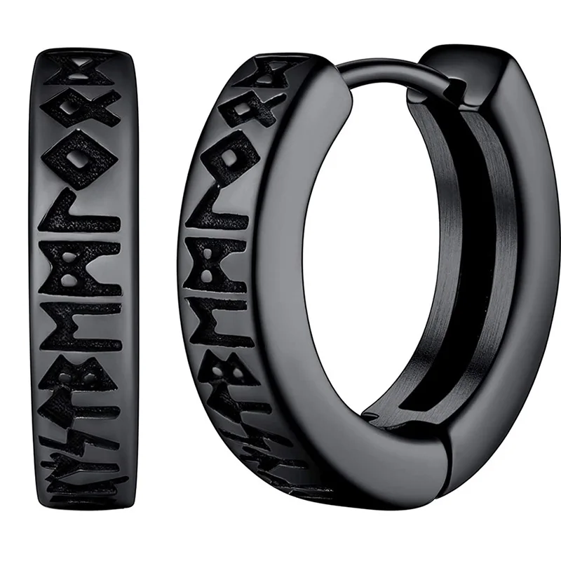 Stainless Steel Norwegian Viking Rune Hoop Earrings For Men Woman Unisex 12 Mm Huggie Hoop Religious Jewelry